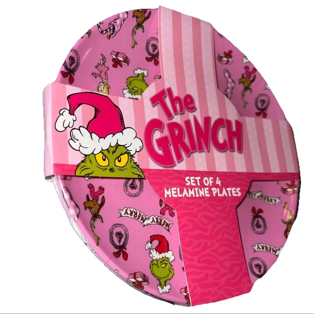 The Grinch Pink Melamine Plate Set of 4 Christmas Dr Seuss Bioworld NWT - Picture 4 of 6